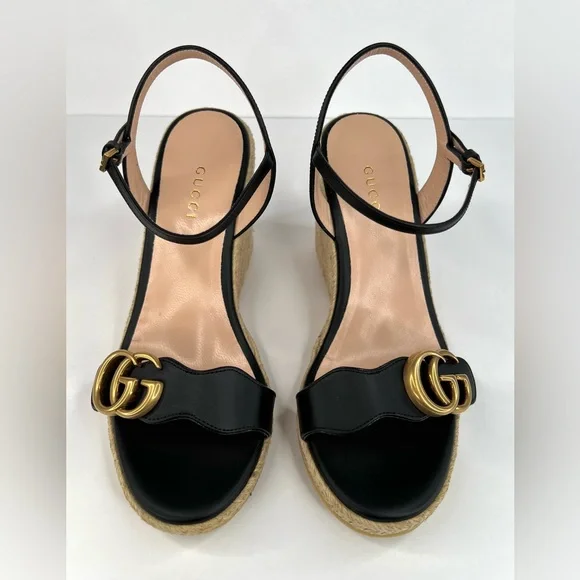 Gucci Galassia Aitana Lifford Black Leather Wedge Double G Logo Sandals EU 35 - Picture 11 of 14